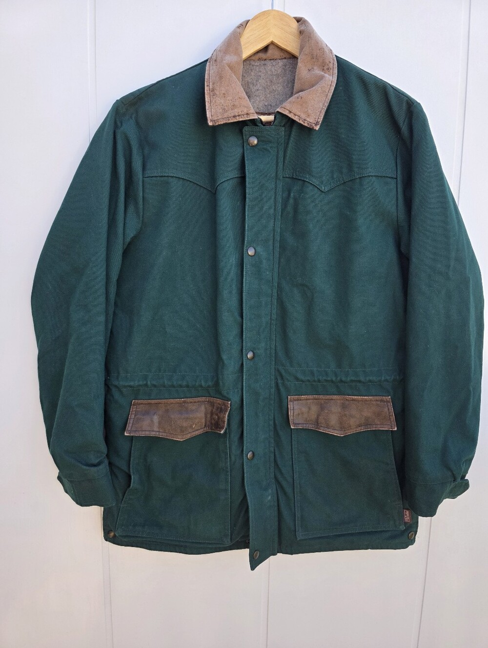 Vintage Walls Western Wear Jacket Green Canvas Brown Trim Blanket Lined Medium